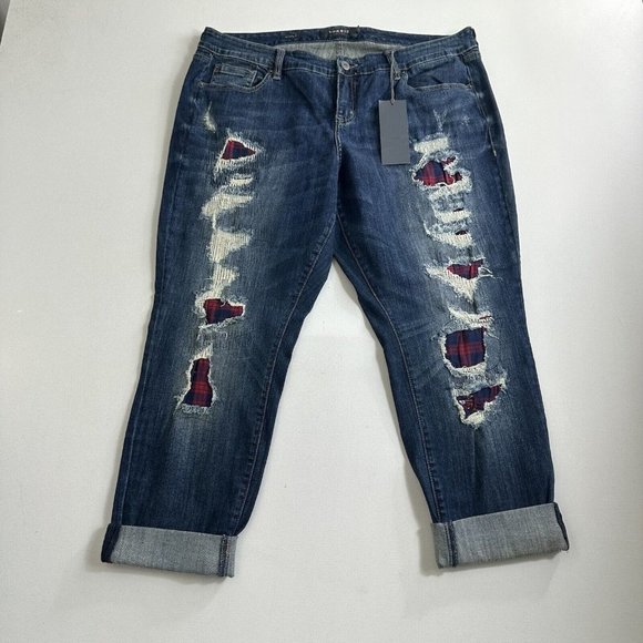 Torrid Premium‎ Distressed Plaid Patch Boyfriend Jeans 20R Blue Casual - Picture 1 of 9
